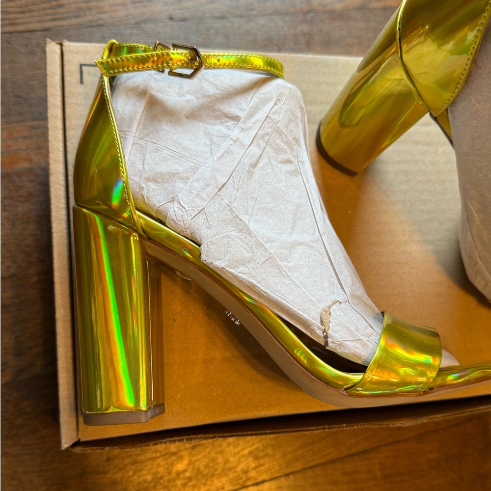 Sam Edelman Iridescent Yellow-Green Block Heel Ankle Strap Sandals